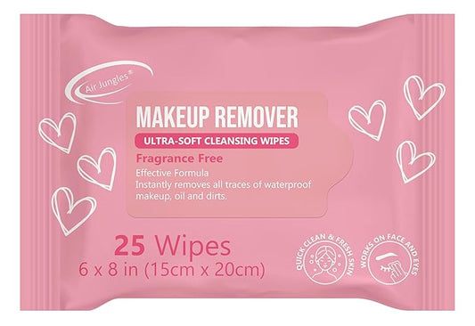 Air Jungles Makeup Remover Wipe 25 Counts, Extra Large 6" x 8", Fragrance-Free, Gently Removes Makeup and Oil, Face Cleansing Wipes, Alcohol Free