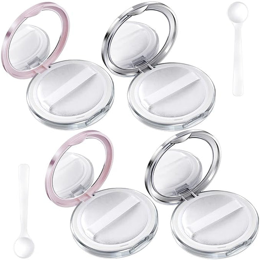 OIIKI 4 Packs Loose Powder Compact Containers, 3g Refillable Container with Powder Puff, Mirror, Net, Spoon, Portable DIY Makeup Powder Compact Cases for Daily Use or Travel -Pink, Silver