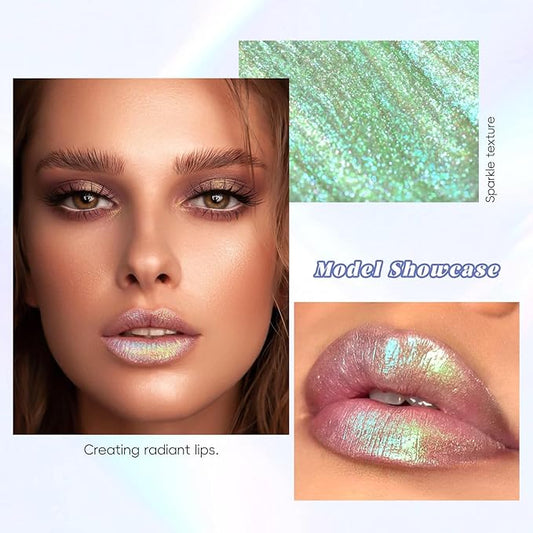 Green Glitter Lip Gloss Liquid Lipstick, Diamond Shimmer Metallic Sparkly Iridescent Chameleon Lip Gloss Gift for Women, Long Lasting Waterproof Highly Pigment Glimmer Holographic Lip Makeup01