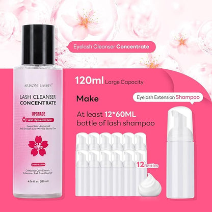 ARISON LASHES Upgraded Lash Shampoo Concentrate 120ml Large Capacity Eyelash Cleanser, Professional Lash Extensions Shampoo-Make 24 Bottles 60ml (Cherry Blossom)