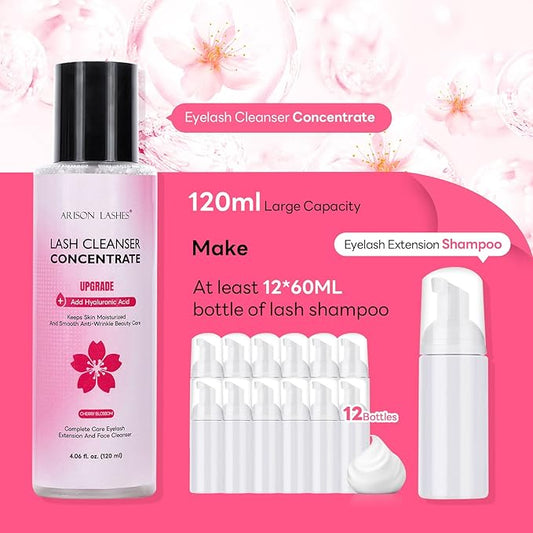 ARISON LASHES Upgraded Lash Shampoo Concentrate 120ml Large Capacity Eyelash Cleanser, Professional Lash Extensions Shampoo-Make 24 Bottles 60ml (Cherry Blossom)