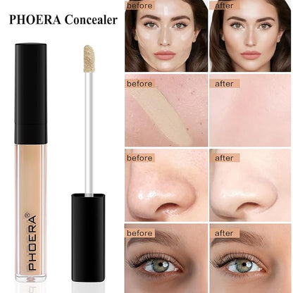 PHOERA Makeup Set - Full Coverage Foundation, Primer, Powder, Concealer & Kabuki Brushes (2 Sponge #103 Warm Peach)