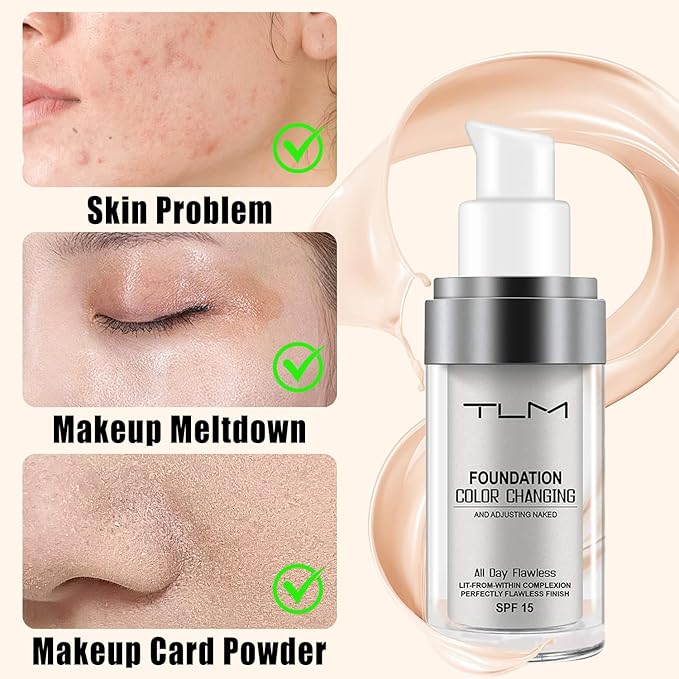 TLM Color Changing Foundation - Liquid Flawless Full Coverage Natural Face Primer Base, Hydrating Waterproof Long Lasting Foundation 30ml