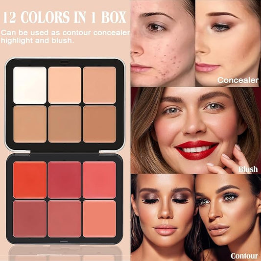 6 Colors Cream Blush & Concealer Contour Palette, Carla Secret Makeup Palette with 11 Pcs Makeup Brush Set, Long Wearing Blendable Full Coverage Foundation