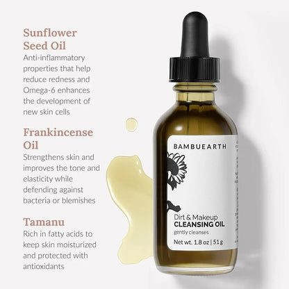 BambuEarth Gentle Oil Cleanser and Makeup Remover - Organic Ingredients & EWG Certified - Daily Face Cleanser for All Skin Types. Cleansing Oil for Removing Dirt - Vegan Skincare (1.8 oz)