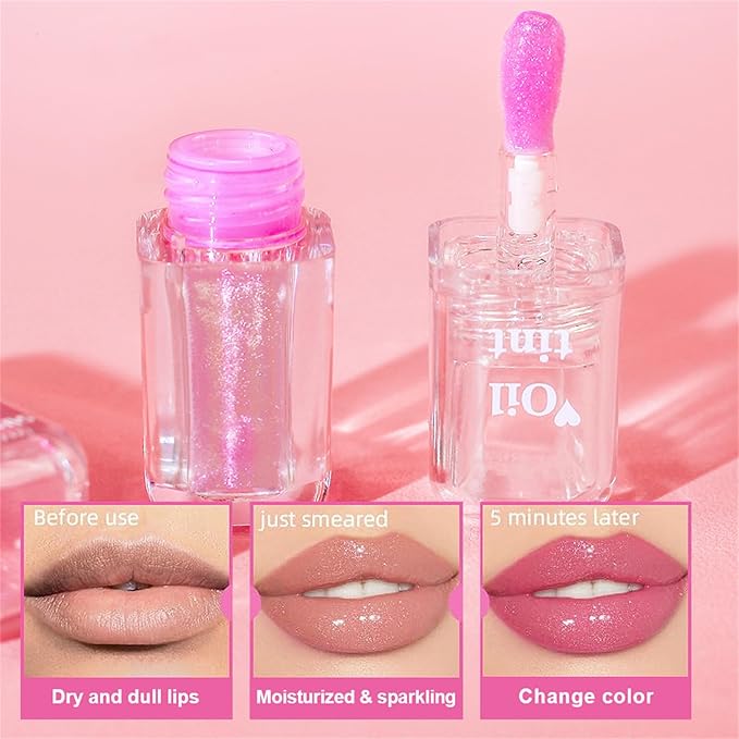 Transparent Warm Changing Pearl Lip Oil - Moisturizing, Magic Color Changing, Hydrating, Reduces Lip Lines