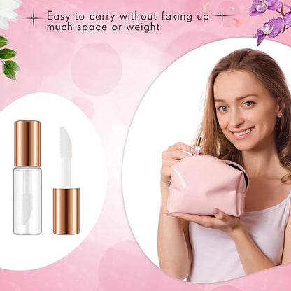Jinei 150 Pcs Clear Empty Lip Balm Bottles 1.2ml Mini Lip Gloss Tubes, Refillable Containers Transparent Plastic Clear Lipstick Tubes for Girl Women DIY Makeup Sample Travel(Rose Gold)