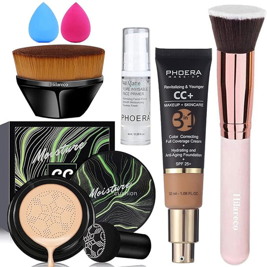 Air Cushion CC Cream Natural Foundation,PHOERA CC+ Cream Color Correcting Anti Aging Hydrating Serum &SPF 25+,PHOERA Primer, Kabuki Brush Foundation Makeup Sponge(#04Buff Beige CC+140 Buff Beige)