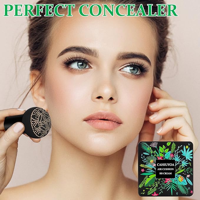 1PCS Mushroom Head Air Cushion CC Cream,CAHIUYOA BB Cream Foundation Full Coverage Concealer Long Lasting Liquid Matte Makeup Foundation with Mushroom Makeup Sponge-Ivory