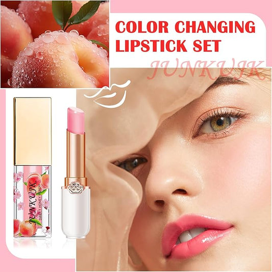 2PCS Lip Oil and Color Changing Lipstick Set,Magic Jelly PH Lipstick,Moisturizing Color Change Lipstick,Lip Stain Long Lasting Waterproof Tinted Lip Balm Set,Hydrating Lip Glow Oil for Women