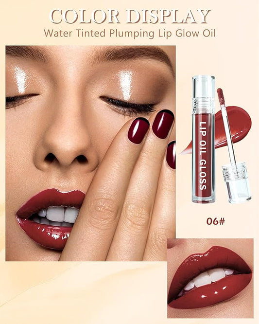 Hydrating Lip Tint Stain-1Pcs Tinted Plumping Lip Glow Oil, Moisturizing Water Lip Stain Makeup, Pigmented Non-Sticky Vegan Lip Gloss, Multi-Use Lip & Cheek Tint, Nude Glossy Finish, Cruelty Free-06#