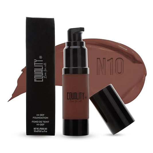 EQUALITY HI-DEF Foundation, Water resistant, Medium to Full coverage, Dewy finish non-matt, 12 hour wear Shine control, Cruelty Free, Paraben Free, 18ml/0.61 US Fl Oz - N10