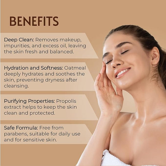 Hydrating Cleansing Cream & Makeup Remover with Propolis (Purifying), Oat (Soothing), & Jojoba Oil (Moisturizing). Non-Greasy, pH Balanced, for All Skin Types - 2.7 fl oz / 80g