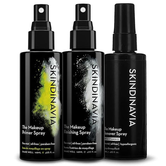 Skindinavia Makeup Primer + Finishing + Makeup Remover Spray, Hydrating Spray, Pore Minimizing Primer Mist, Long Lasting, Waterproof Mist, Hypoallergenic Cleansing Mist, (3 x 4 Fl. Oz.)