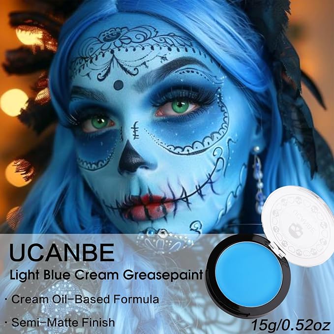 UCANBE Light Blue Face Body Paint Makeup Foundation, Cream Greasepaint for Kids & Adult, Non-Toxic FX Face Painting Kit for Halloween Smurf Avatar Corpse Bride Sally Face Makeup, Costume Cosplay Party