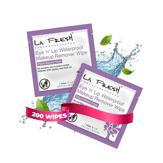 LA Fresh Eye 'N’ Lip Makeup Remover Wipes Case of 200 Wipes Made With Vitamin E, Olive Oil, Jojoba To Leave Skin Soft And Smooth Convenient Size For Purse, Gym Bag, Nightstand, Car