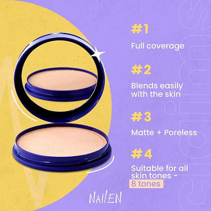 Nailen Compact Makeup Setting Powder Foundation with Matte Finish, Shine Control, Full Coverage - Ideal for All Skin Types & Poreless Smooth Face Look - Tone 5, (1 Count)