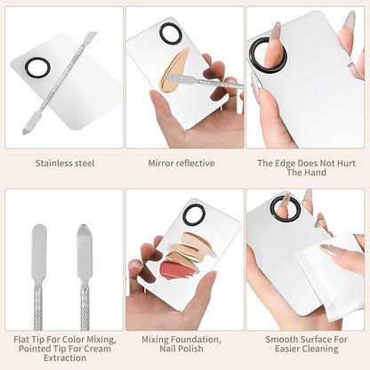 3Pcs Makeup Mixing Palette Kit Including Foundation Spatula, Makeup Palette Tray, and Brushes for Women, Girl Korean Cosmetic Spatula Tool(Metal)
