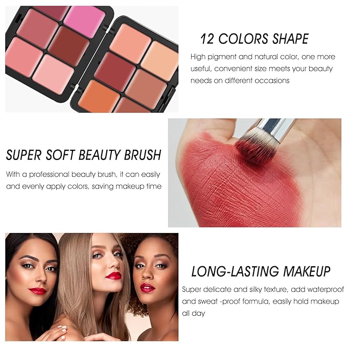 12 Colors Cream [Blush] Makeup Palette for Cheeks - All in One Blush Makeup Palette Kit with Brush, Natural Matte Long Wearing, Waterproof Blendable Face Make Up Pallete (#01)