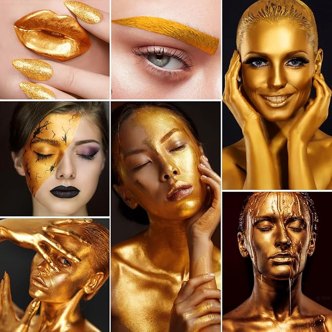 Gold Face Body Paint Metallic Powder Kit, Highly Pigmented Golden Metal Powder Face Painting with Mixing Liquid (1.06oz) and 2 Brushes, Halloween Makeup Kit for Special FX, Stage, Cosplay, Craft, Cos