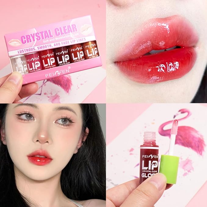 6 Pcs Colorful Fat Lip Oil Hydrating Lip Gloss Set with Long-lasting and Moisturizing Glass Water Lip Stain for Lip Care and Makeup