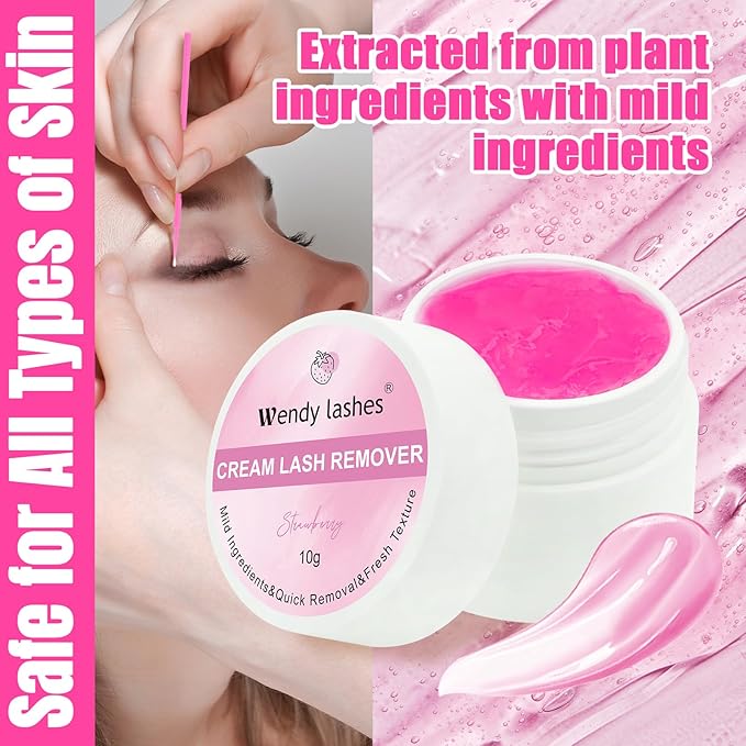 Eyelash Glue Remover for Lash Extensions: for DIY and Lash Artists, Wendy, 10ml Cream, Effectively, Low Irritation, Pink, Strawberry Flavored