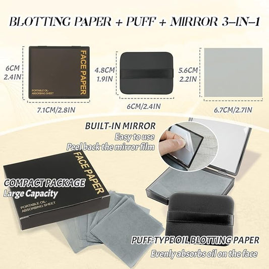 BOROLA 3-in-1 Oil Blotting Paper Set for Face 100 Sheets Oil Absorbing Sheets with Portable Mirror & Adhesive Makeup Puff, Blotting Papers for Oily Skin, Design for Men & Women(Black)