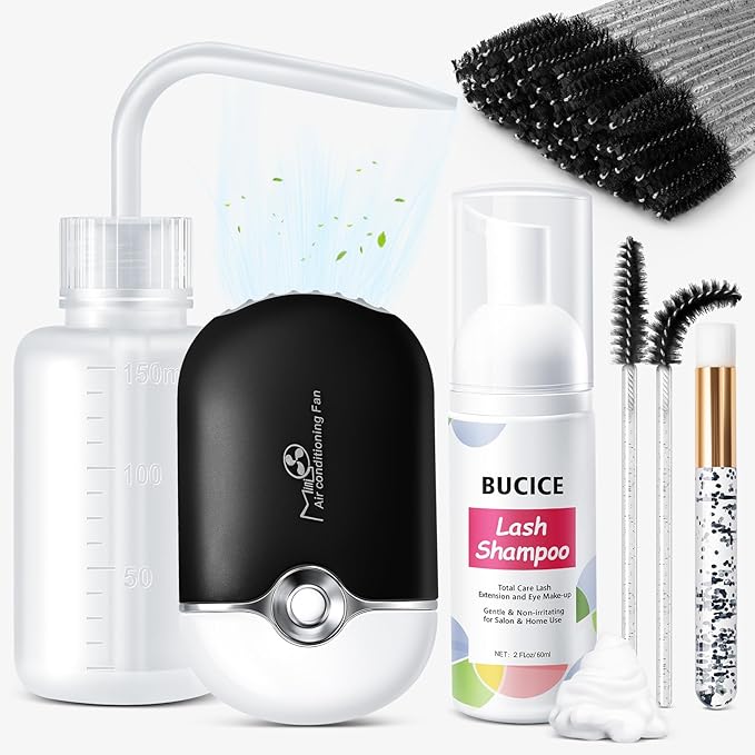 Lash Shampoo for Extensions - Eyelash Cleaning Kit With Fan Dryer - Makeup Cleansing Foam for Care, Black