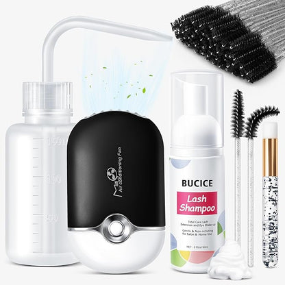 Lash Shampoo for Extensions - Eyelash Cleaning Kit With Fan Dryer - Makeup Cleansing Foam for Care, Black