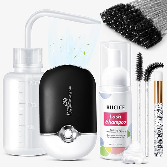 Lash Shampoo for Extensions - Eyelash Cleaning Kit With Fan Dryer - Makeup Cleansing Foam for Care, Black