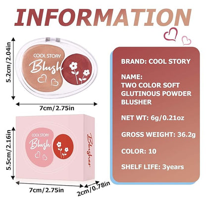 Dual-Tone Face Blush Palette for Cheeks - Waterproof, Long-Lasting, Satin Finish, Creamy Texture, Sculpting, All Skin Tones, Squalane, Highlighting, for Home, Travel, Makeup 2 Tone Tint 10#