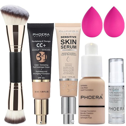 PHOERA Foundation Full Coverage,PHOERA CC+ Cream,2024 New PHOERA Foundation Makeup for Mature Skin, Wrinkles Matte Natural Finish,Primer (102+120CC+N02/ Nude+Nude +Nude)