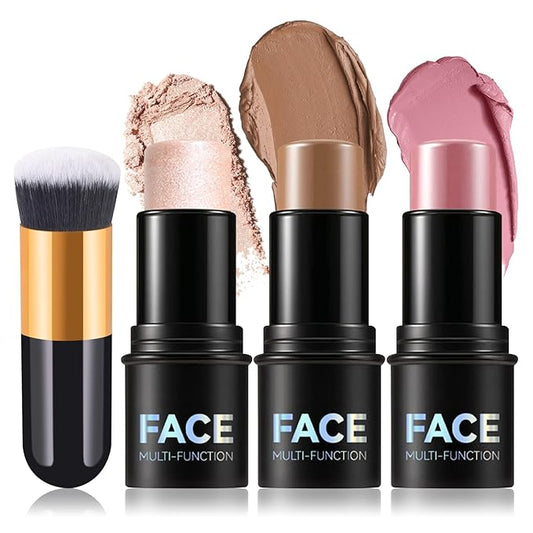 3Pcs Cream Contour Stick Makeup Kit with Makeup Brush,Shades with Highlighter,Brush Stick,Cream Bronzer for Sculpt the Cheeks,Long-lasting Waterproof Lightweight Contour Set