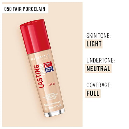Rimmel London Lasting Finish 25HR - 50 Fair Porcelain - Foundation, 25-Hour Wear, Full Coverage, Waterproof, 1oz