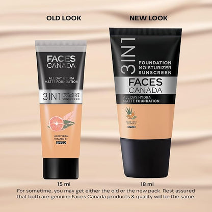 Faces Canada 3-in-1 Matte Foundation with SPF 30 | Lightweight Hydrating Formula with Aloe Vera & Vitamin C | Long-Lasting Medium Coverage Makeup & Sun Protection | 0.51 Fl Oz (15ml)