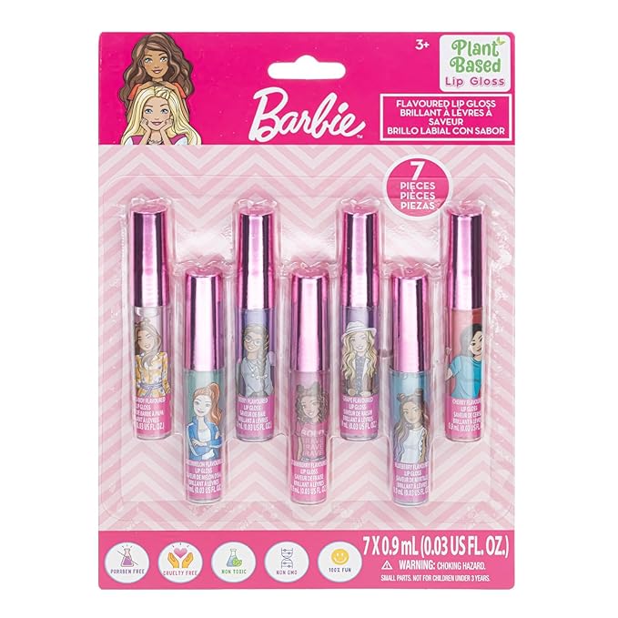 Barbie 7 Piece Plant Based Lip Gloss, Girls Party Favors, First Makeup Set for Girl, Perfect for Parties, Sleepovers, and Birthday Gifts, Ages 3+, by Townley Girl
