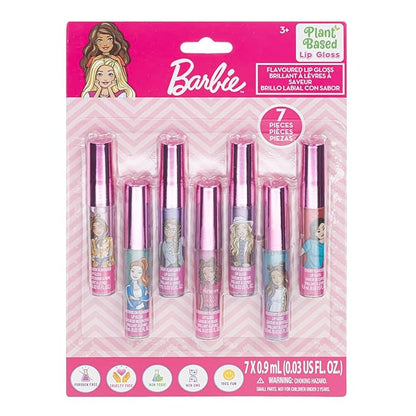 Barbie 7 Piece Plant Based Lip Gloss, Girls Party Favors, First Makeup Set for Girl, Perfect for Parties, Sleepovers, and Birthday Gifts, Ages 3+, by Townley Girl