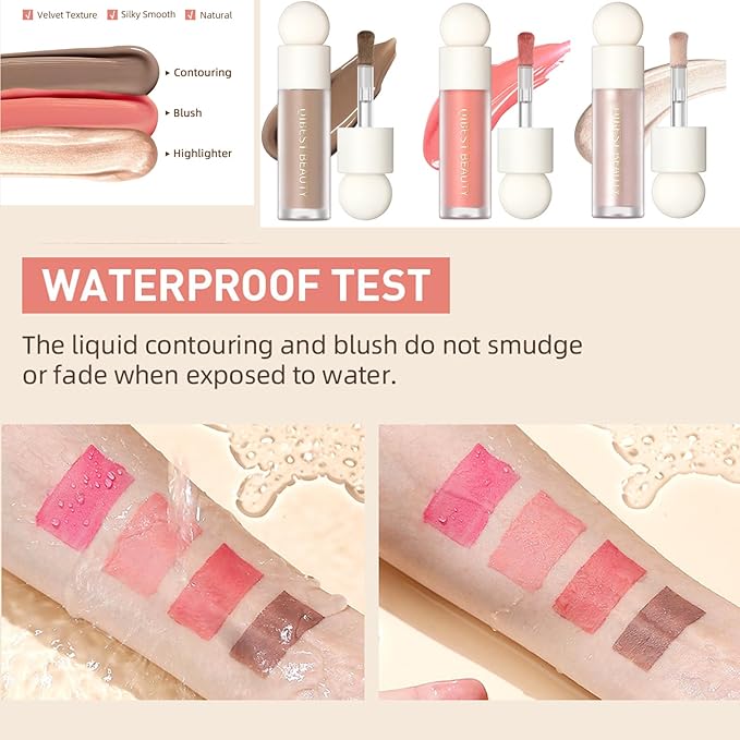 MEICOLY Soft Pinch Liquid Blush & Dewy Cheek Tint, Matte Finish Liquid Contour, Highlight Bronzer Stick Set - Pearl White Highlighter + Rose Pink Blush + Contour
