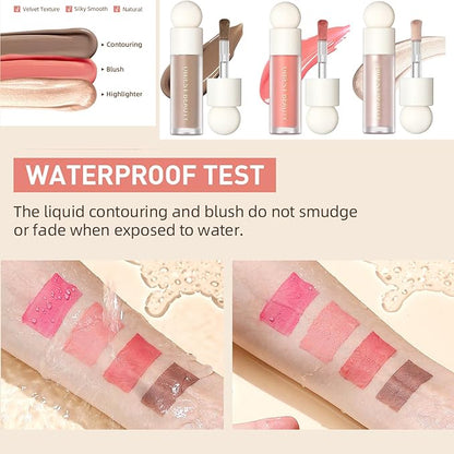 MEICOLY Soft Pinch Liquid Blush & Dewy Cheek Tint, Matte Finish Liquid Contour, Highlight Bronzer Stick Set - Pearl White Highlighter + Rose Pink Blush + Contour