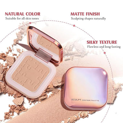 Cream Contour Powder Palette Kit with Brush & Mirror, Matte Bronzer Cool Toned Contour Powder Palette for Face Sculpting Makeup (#C02 Soft Brown)