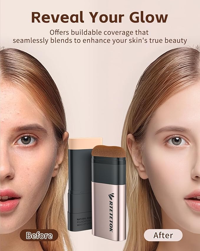 Foundation Stick Makeup with Brush Medium Coverage, Foundation Stick Smooth Long Lasting, Portable Face Eraser Base Make Up Lightweight for Dry and Combination Skin - Natural