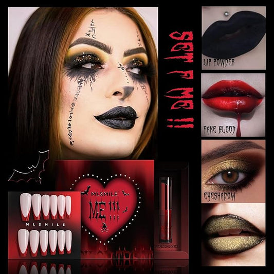 Halloween Makeup Kit,Halloween Press On Nail With Tools,SFX Make up Set Fake Blood Cream,Powder Lipstick,two-tone eyeshadow,2024 New Halloween Party Supplies