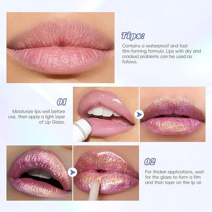 Hot Pink Glitter Lip Gloss Liquid Lipstick, Diamond Shimmer Metallic Sparkly Iridescent Chameleon Lip Gloss Gift for Women, Long Lasting Waterproof Highly Pigment Holographic Lip Makeup05