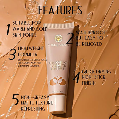 YOUNG VISION Full Coverage Longwear Foundation, Matte Finish, Waterproof, Poreless Liquid Foundation Makeup, 1 fl.oz