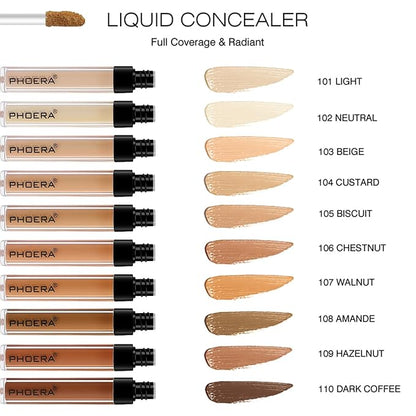 PHOERA Concealer, Lightweight, Full Coverage, Long Lasting, Corrects, Hydrates, Highlights, Matte Finish, All-Day Wear,with Concealer Brush (107#WALNUT)