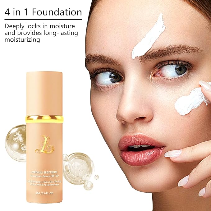 Foundation 4 in 1 - Medium Spectrum With SPF 50+, 2 Pcs Full Coverage Concealer, Hydrating Color Changing Foundation Light Spectrum, Waterproof and Sweatproof Suitable for All Skin Types