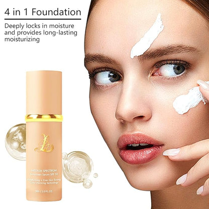 Foundation 4 in 1 - Medium Spectrum With SPF 50+, 2 Pcs Full Coverage Concealer, Hydrating Color Changing Foundation Light Spectrum, Waterproof and Sweatproof Suitable for All Skin Types