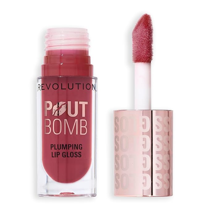 Revolution Beauty, Pout Bomb Plumping Lip Gloss, High-Shine for Glossy, Fuller & Plump Lips with Hyaluronic Acid & Peptides, Vegan & Cruelty-Free, Wild Mauve Warm-Toned Pink, 0.15 Fl Oz