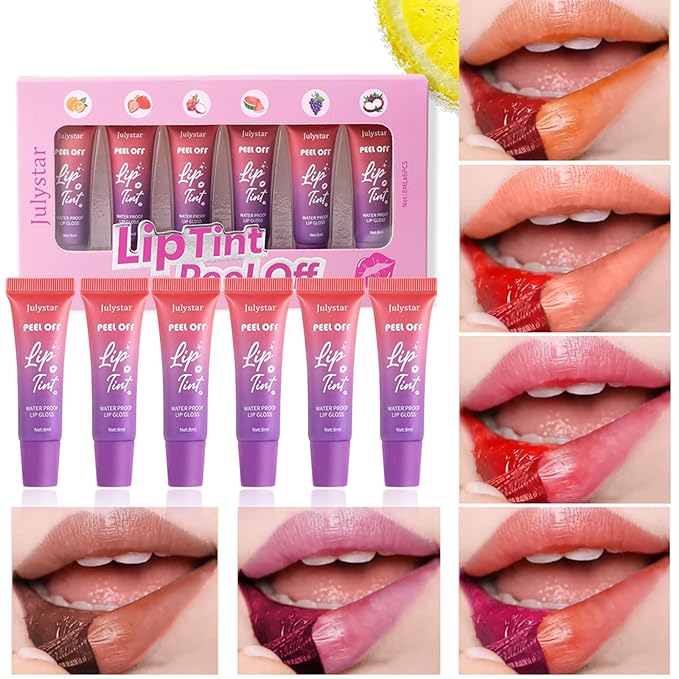 Peel Off Lip Stain Lip Tint 6 Colors, Fruity lip stain peel off, Tattoo Magic Color Lip Gloss Sets, Lip Oil for Women Colorful Glossy Lipstick Waterproof Long Lasting Make up Gift Set