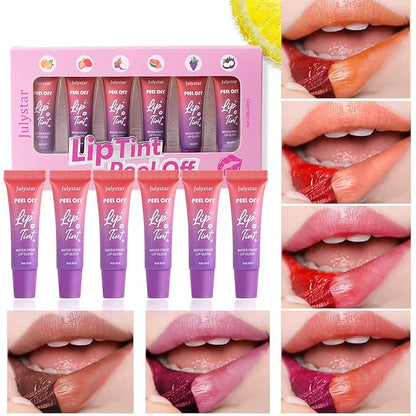 Peel Off Lip Stain Lip Tint 6 Colors, Fruity lip stain peel off, Tattoo Magic Color Lip Gloss Sets, Lip Oil for Women Colorful Glossy Lipstick Waterproof Long Lasting Make up Gift Set